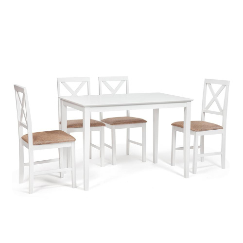 Обеденный комплект эконом Hudson Dining Set (стол + 4 стула) (Pure white (белый 2-1), ткань кор.-зол.). Фото №1